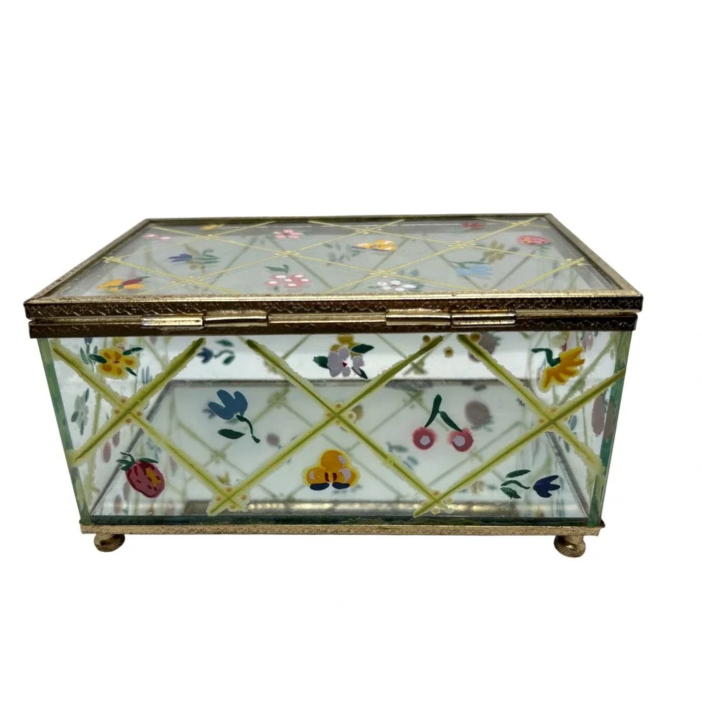 Vintage Hand Painted Glass Jewelry Box Floral Fruit Lattice Brass Trim Mirrored